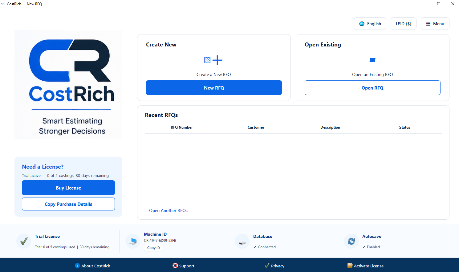 CostRich Home screen — create or open an RFQ